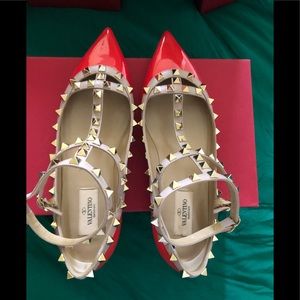 New Valentino rockstud caged flats in patent red orange size 38